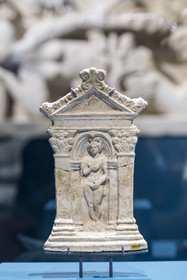 France, Saone et Loire, Autun, Rolin Museum, exhibition of masterpieces at the Natural History Museum during the works, Nude Venus rising from the sea, Gallo-Roman terracotta plaque displayed in a small domestic shrine