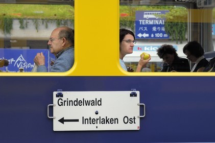 Switzerland, Canton of Bern, Bernese Oberland, Grindelwald, train at the railway station