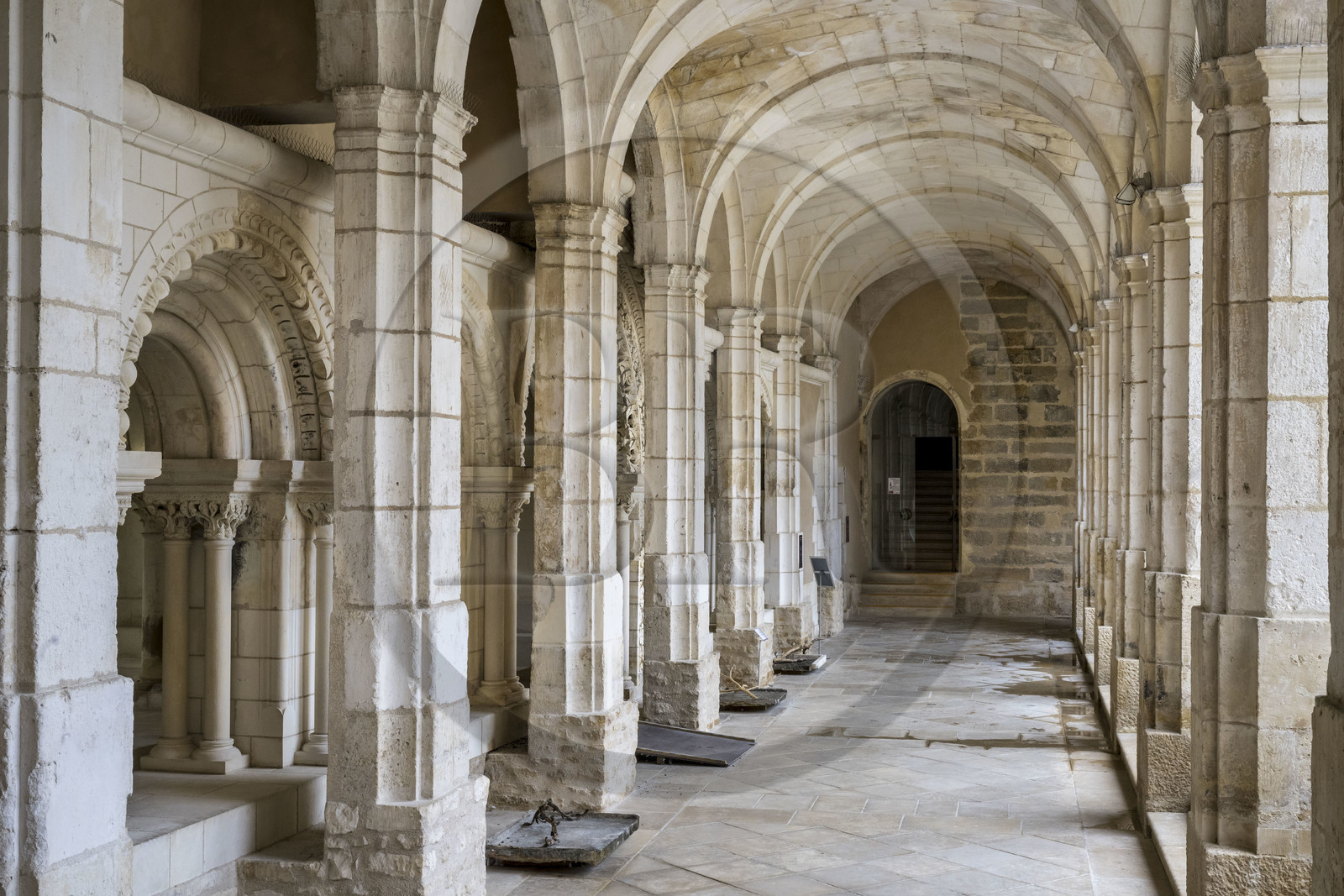 France, Yonne (89), Auxerre, l'abbaye Saint-Germain, Cité de la Parole et du Son, la salle capitulaire du cloitre et son mur du XIIe siècle retrouvé derrière la reconstruction fin XVIIe siècle