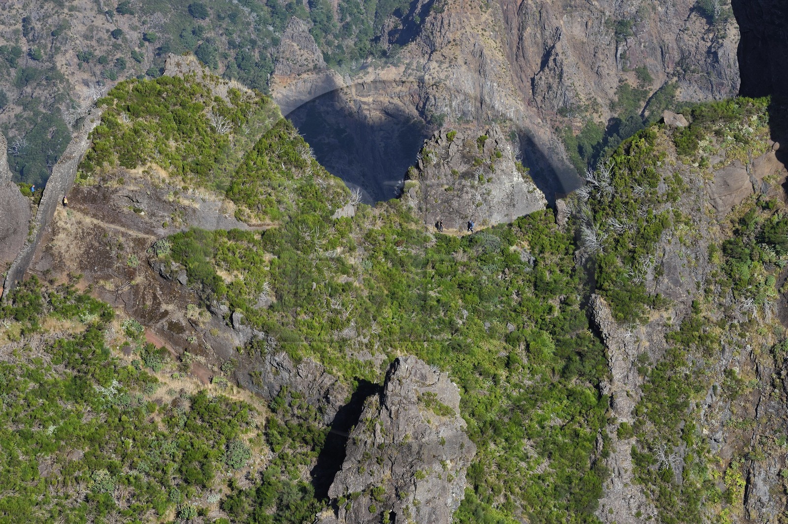 Portugal, Ile de Madère, randonneurs sur le sentier du Vereda do Areeiro entre les monts Pico Ruivo (1862m) et Pico Arieiro (1817m), vue depuis le belvédère de Ninho da Manta (nid de buse) sur la chaine de montagnes centrale