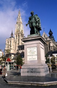 Belgium, Flanders, Antwerp (Antwerpen), Notre Dame cathedral and Rubens statue
