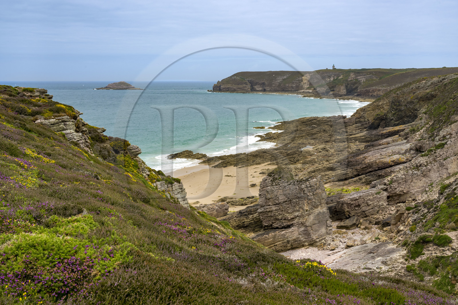 France, Côtes d'Armor (22), Grand Site de France Cap d'Erquy – Cap Fréhel, Plévenon, la plage de Pory du Croc et le phare du Cap Fréhel en arrière plan