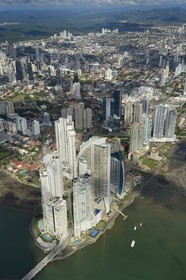 Panama, Panama City skyscrapers, Colon point and the Trump tower in foreground (aerial view)