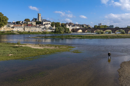 France, Nièvre, Nevers, the Loire downstream from the Pont de la Loire and the Saint-Cyr-et-Sainte-Julitte cathedral in the background (aerial view)