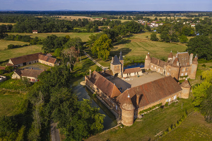 France, Allier (03), former province of Bourbonnais, Chapeau, Chateau de la Cour (15th century to late 16th century) and its moat (aerial view)