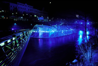 Austria, Styria, Graz, floating island on the river Mur, Cafe and cultural space created by the Architect Vito Acconci