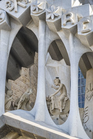 Spain, Catalonia, Barcelona, Eixample district, Sagrada Familia basilica by Catalan modernist architect Antoni Gaudi, listed as a UNESCO World Heritage Site, the passion facade, empty tomb, Christ has risen