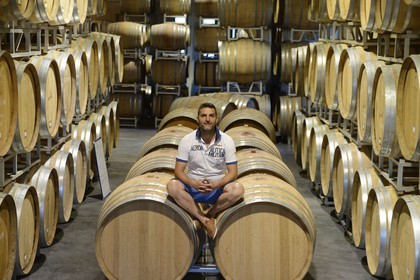 France, Loire, Parc Naturel Regional du Pilat (Natural Regional Park of Pilat), the domaine du Monteillet Stephane Montez, Stephane Montez in his wine cave