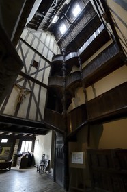 France, Finistere, Morlaix museum, 15th century half-timbered house with interior bridges called Maison a lanterne or Maison a pondalez, duchesse Anne (Reine Anne) House