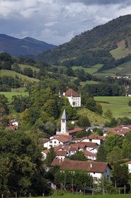 France, Pyrenees Atlantiques, Basque Country, the village of Saint Etienne de Baigorry and the castle of Etxauz in the background