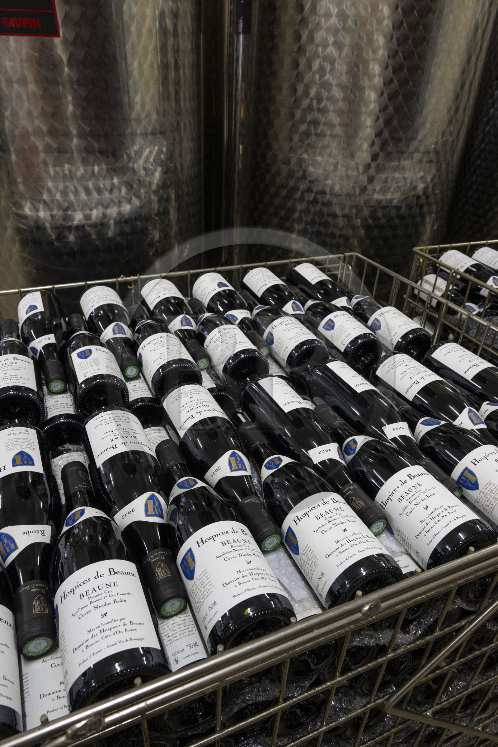 France, Cote d'Or, Climats terroirs of Burgundy listed as World Heritage by UNESCO, Beaune, Hospices de Beaune Winery, bottles of Beaune 1er Cru