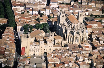 France, Aude, Narbonne, archbishop palace and the cathedral Saint Just et Saint Pasteur (aerial view)