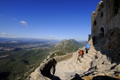 France, Aude, Cathar castle of Queribus, in front of Maury plain and the Pyrenees