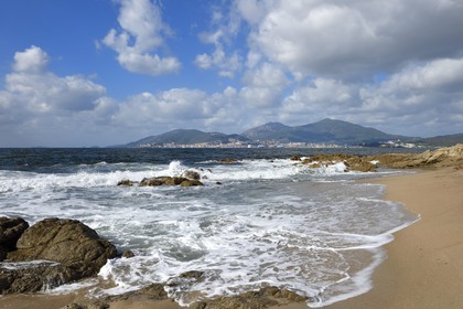 France, Corse du Sud, Gulf of Ajaccio, Capitello beach and Ajaccio in the background
