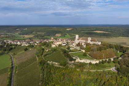 France, Yonne, regional natural park of Morvan, Vézelay, a UNESCO World Heritage site, labelled Les Plus Beaux Villages de France, starting point of one of the main ways to Santiago de Compostela, the hill and the Basilica of Saint Mary Magdalene (aerial view)
