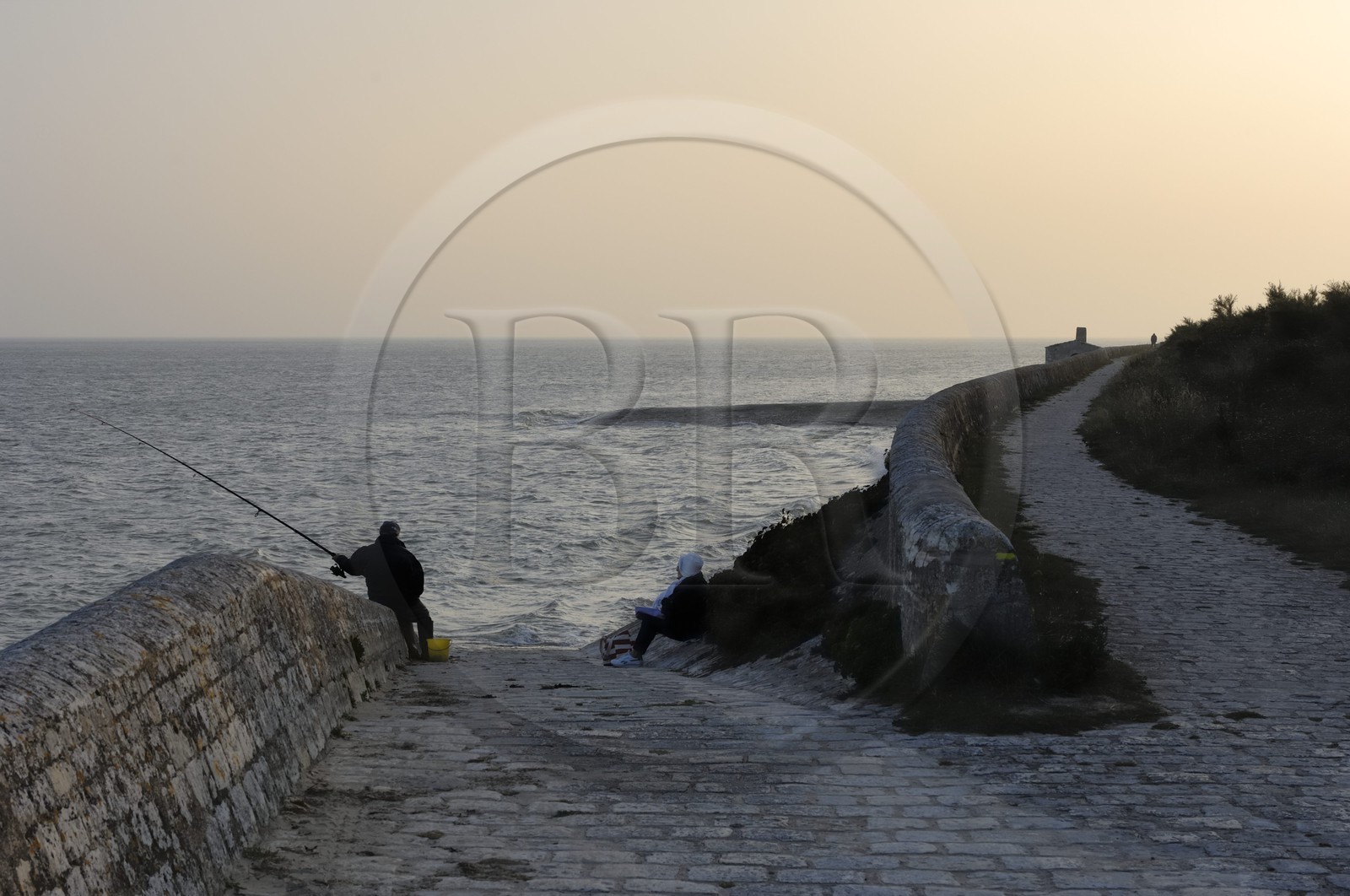 France, Charente-Maritime (17), ile de Ré, pêcheur sur la digue qui longe le Fier d'Ars
