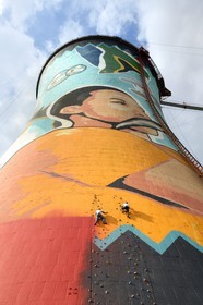 South Africa, Gauteng Province, Johannesburg, Orlando Towers overlooking the Orlando area of ​​Soweto, climbing wall of the Vertical Adventure Centre on one of the two cooling towers from the Orlando Power Station