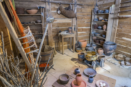 France, Saone et Loire, regional natural park of Morvan, Saint Leger sous Beuvray, oppidum of Bibracte, capital of the Celtic people of the Aedui, archaeological site on Mount Beuvray, the Celtic Civilization Museum on Mount Beuvray, evocation of a dwelling interior based on excavation data from Bibracte