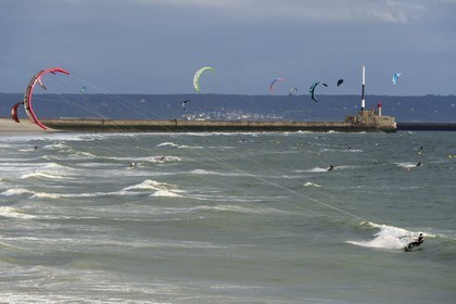 France, Seine Maritime, Le Havre, kitesurfing on the main beach at the harbor entrance