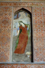 Iran, Isfahan Province, Isfahan, naghsh-i jahan square also known as Imam Khomeiny square, Ali Qapu palace, fresco from the portico of the palace depicting a Persian woman
