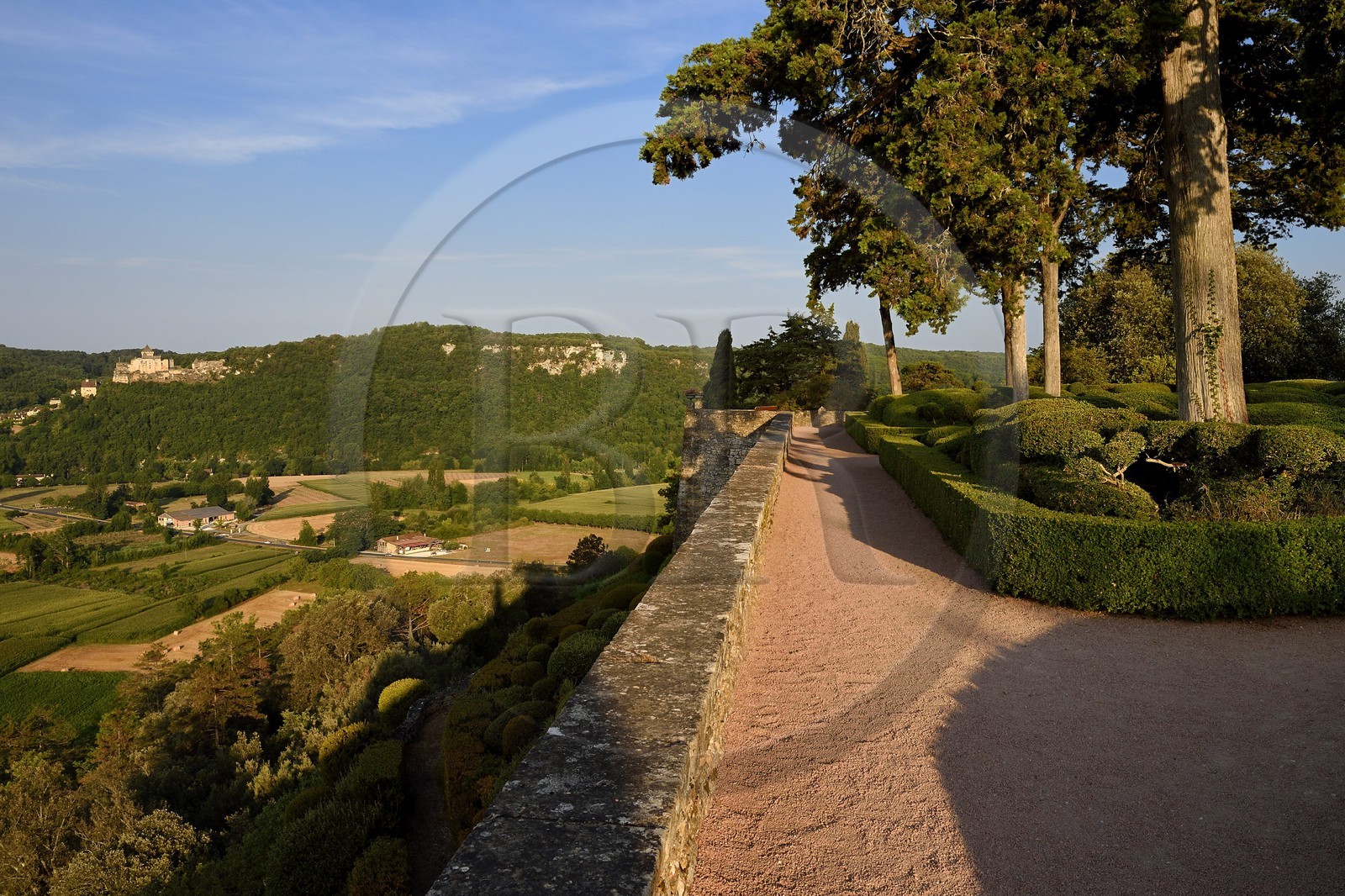 France, Dordogne (24), Périgord Noir, vallée de la Dordogne, Vézac, les jardins du château de Marqueyssac du XVIIIe siècle et le château de Castelnaud-la-Chapelle en arrière plan