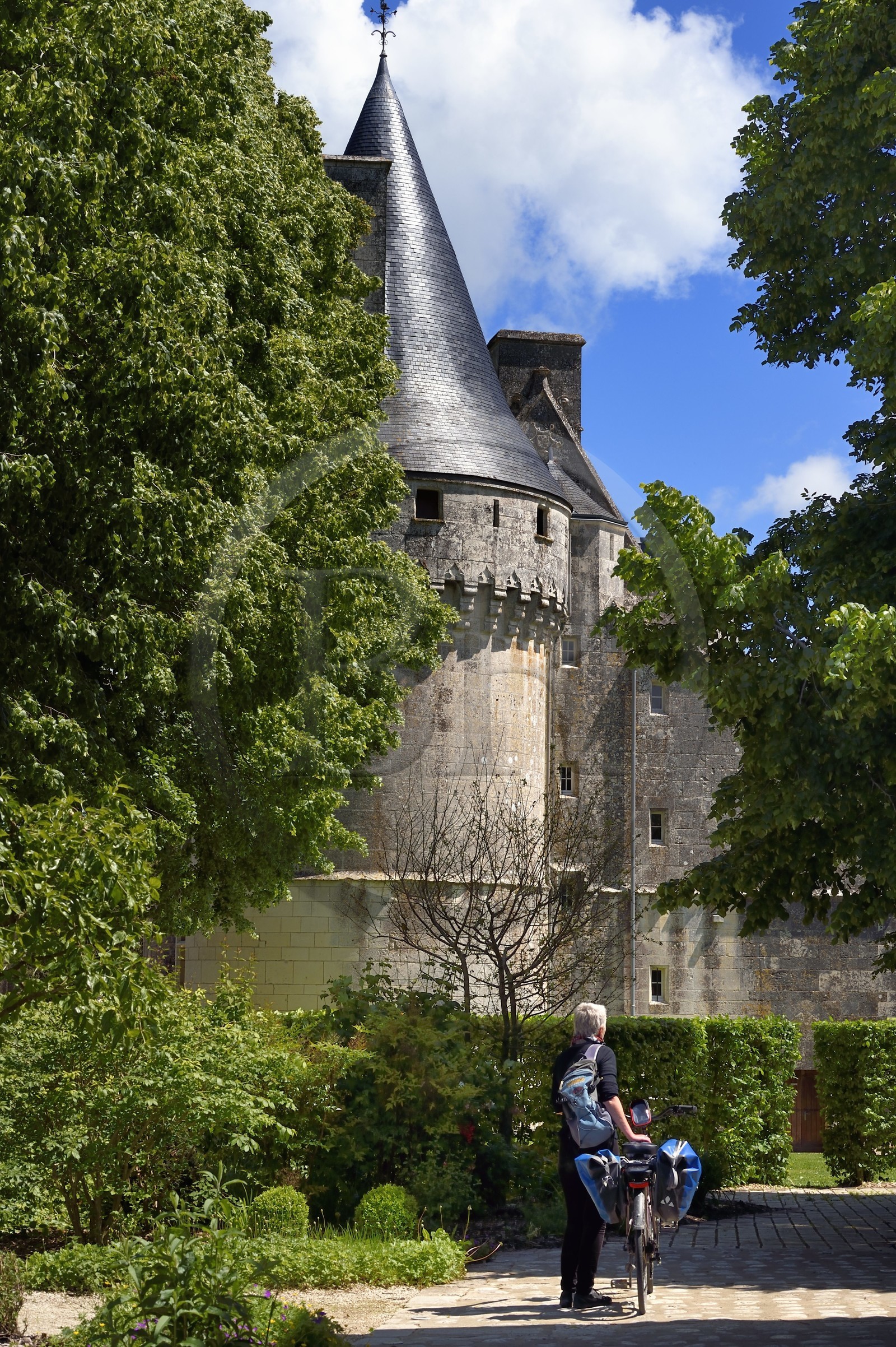 France, Charente-Maritime, Saintonge, Crazannes, chateau de Crazannes, the cylindrical machicolation tower topped with a very pointed pepperbox