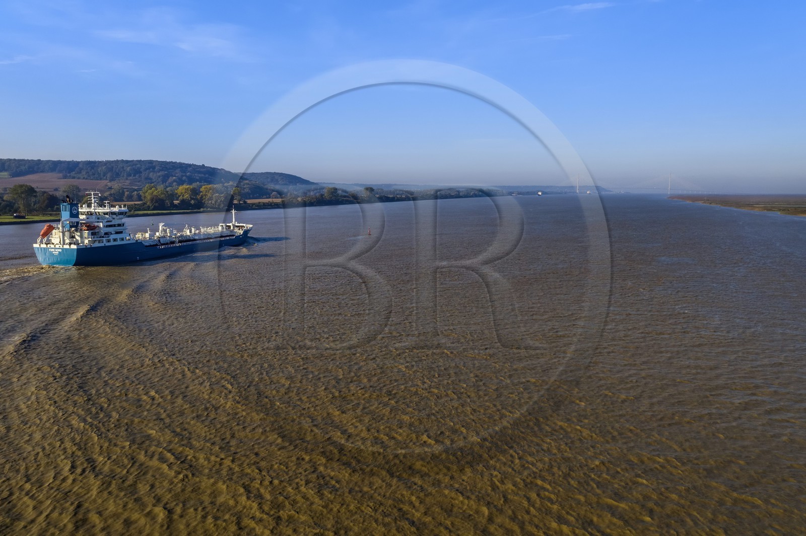 France, Seine-Maritime (76), Réserve Naturelle de l'estuaire de la Seine, cargo descendant la Seine depuis Rouen, le pont de Normandie en arrière plan (vue aérienne)