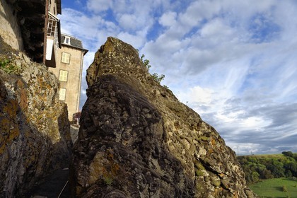 France, Cantal, Saint Flour, access to the upper town by the Main de Saint-Flour, legend of the passage between the rocks of Florus