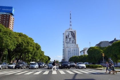 Argentina, Buenos Aires, giant portrait of Eva Peron on a building from 9 de Julio avenue, the widest avenue in the world