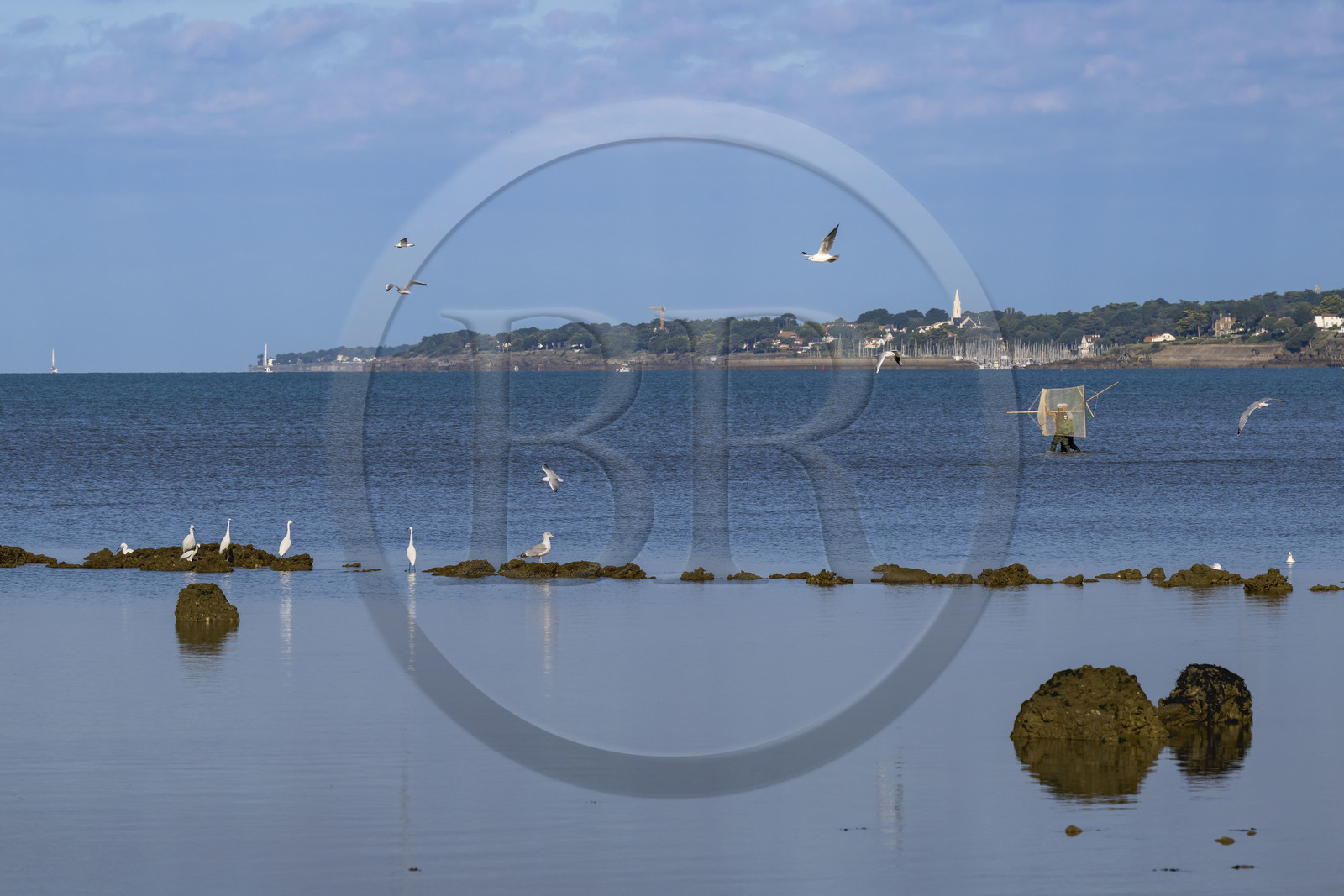 France, Loire-Atlantique (44), Baie de Bourgneuf, Pornic, plage de Crêve-coeur à La Bernerie-en-Retz, pecheurs à pied de crevettes à l'épuisette