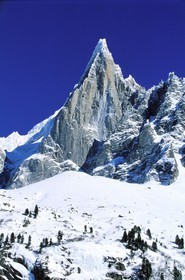 France, Haute Savoie, Chamonix valley, Mer de glace in the Vallee Blanche, Mont Blanc, Aiguille of the Dru at the summit of Aiguille verte mountain