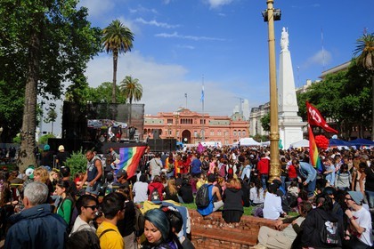 Argentina, Buenos Aires, Gay Pride on the Plaza de Mayo, the Casa Rosada is the executive mansion and office of the President of Argentina in the background