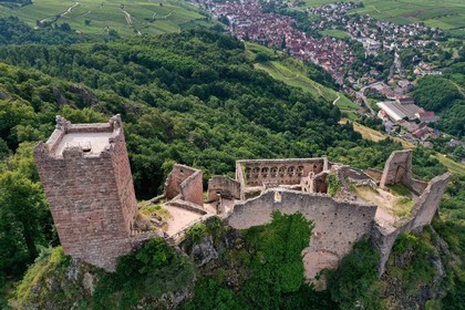 France, Haut Rhin, the Alsace Wine Route, Ribeauville, Saint Ulrich Castle, residence of Ribeaupierre until the 15th century, overlooking the village of Ribeauvill