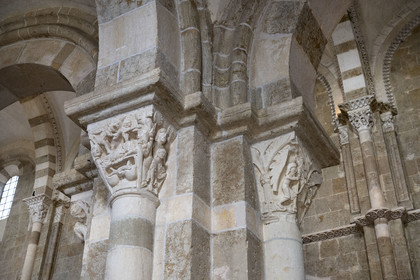France, Yonne, regional natural park of Morvan, Vézelay, a UNESCO World Heritage site, labelled Les Plus Beaux Villages de France, starting point of one of the main ways to Santiago de Compostela, the Basilica of Saint Mary Magdalene, capitals of the nave (12th century)
