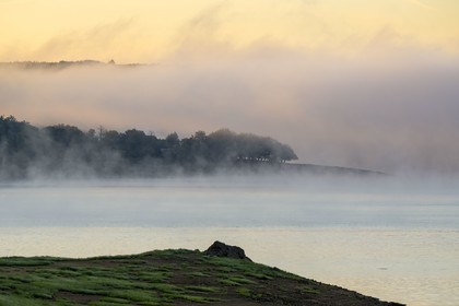 France, Nievre, Regional Natural Park of Morvan, Chaumard, Pannecière lake in the early morning mist