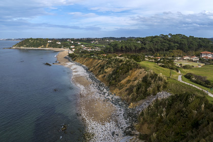 France, Pyrenees Atlantiques, Basque Country coast, Saint-Jean-de-Luz, coastal path on the GR 8 and Erromardie beach in the background (aerial view)