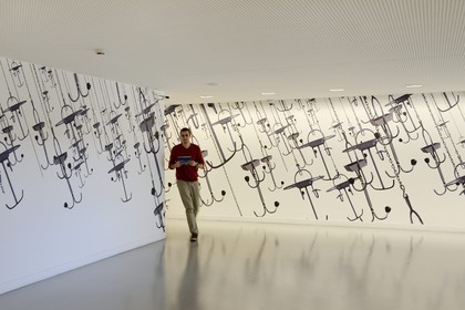France, Moselle, Metz, Amphitheatre district, Centre Pompidou Metz, art center designed by architects Shigeru Ban and Jean de Gastines, evocation of (mining) hanging room by Jean Christophe Massinon