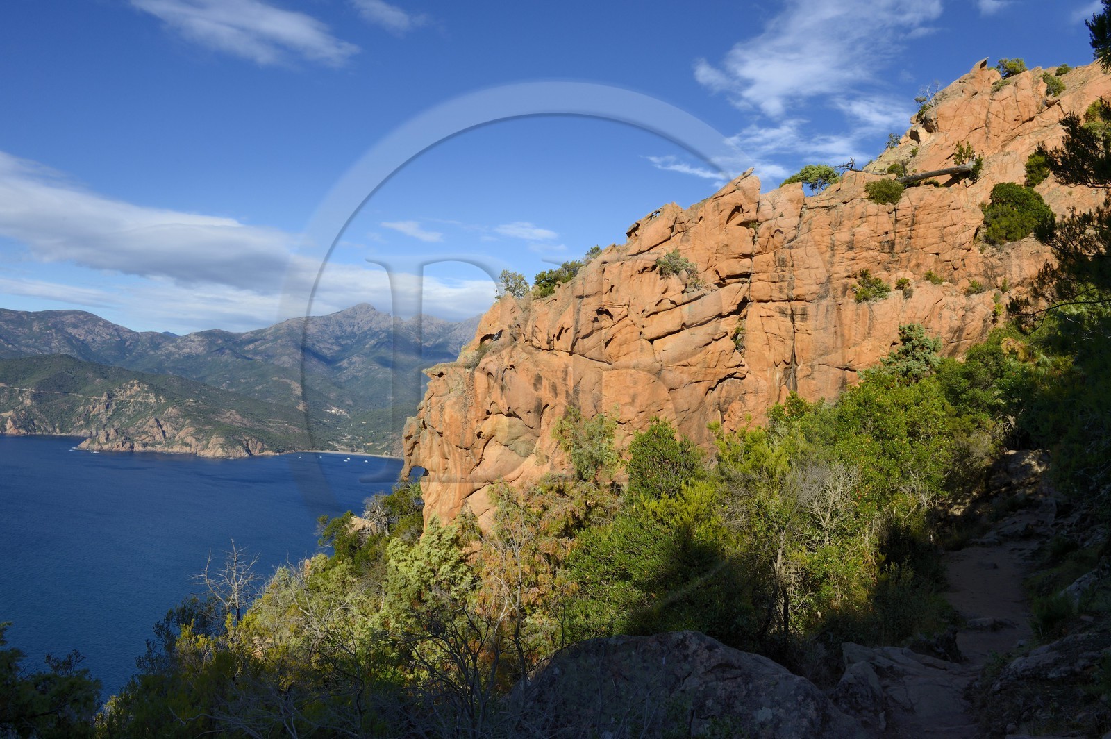 France, Corse-du-Sud (2A), Golfe de Porto, classé Patrimoine Mondial de l'UNESCO, calanches de Piana aux rochers de granit rose le long du chemin dit du Chateau-Fort et la plage de Bussaglia en arrière plan