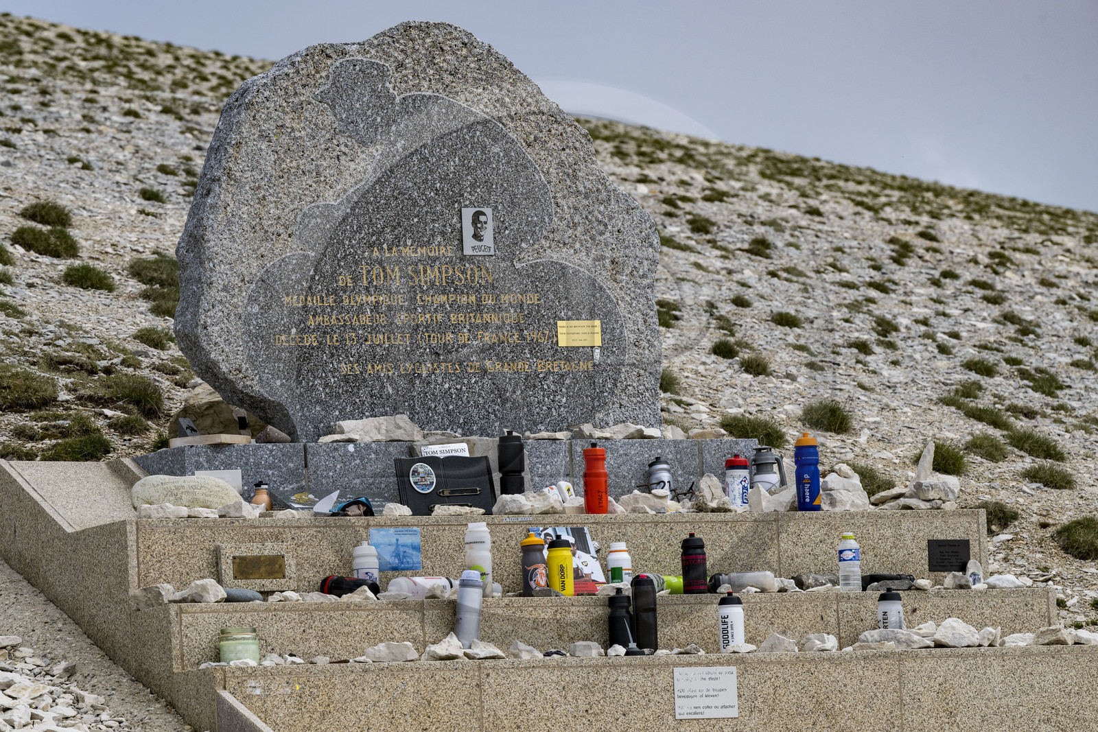 France, Vaucluse, Parc Naturel Regional du Mont Ventoux, Bedoin, the monument in memory of Tom Simpson who died during the Tour de France on the edge of the D974 road towards the summit of Mont Ventoux