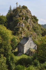 France, Cantal, Paulhenc, the Gorges de la Truyere (Truyere river canyon), the Rocher de Turlande, Romanesque castral chapel of the castle destroyed during the Hundred Years War in which was born Robert de Turlande, founder of the Abbey of La Chaise Dieu