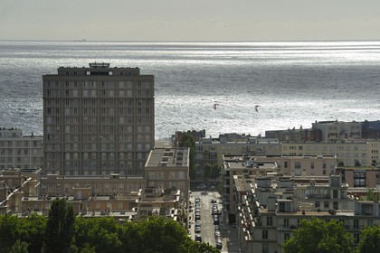 France, Seine Maritime, Le Havre, Downtown rebuilt by Auguste Perret listed as World Heritage by UNESCO, Perret buildings of Porte Océane (Ocean Gate) at the end of the Avenue Foch