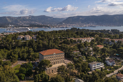 France, Var, the Rade (Roadstead) of Toulon, La Seyne-sur-Mer, district of Tamaris, the villa Tamaris, art center dedicated to the exhibition of contemporary art (aerial view)
