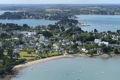 France, Morbihan, Gulf of Morbihan (Golfe du Morbihan), Ile aux Moines, port Miquel at the Bourg seen from Anse du Gueric (aerial view)