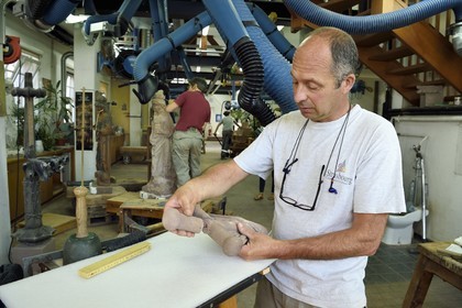 France, Bas Rhin, Strasbourg, old town listed as World Heritage by UNESCO, sculpture and stonemasons' workshops of the Oeuvre Notre-Dame Foundation, dowel assembly between two pieces of sandstone