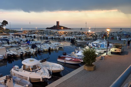 France, Var, Agay area next to Saint-Raphael, Massif de l'Esterel (Esterel Massif), the Corniche d'Or, the Poussai port and the ile d'Or island tower next to the Dramont cape, citroen Mehari