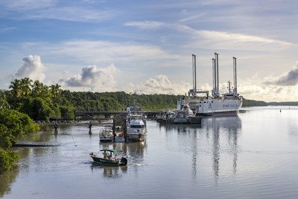 France, French Guiana, Kourou, the Canopée, docked at the port of Pariacabo on the Kourou River, is a mechanical sailing cargo ship specializing in the transport of components for the Ariane 6 rocket, developed by the European Space Agency