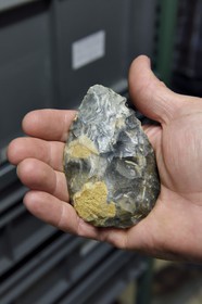 France, Dordogne, Perigord Noir, Vezere Valley, Les Eyzies de Tayac Sireuil, listed as World Heritage by UNESCO, Musee de la Prehistoire (Museum of Prehistory), the reserves, biface flint dating from the Middle Palaeolithic