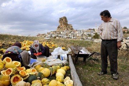 Turquie, Anatolie Centrale, province de Nevsehir, Cappadoce classée Patrimoine Mondial de l'UNESCO, village troglodytique d' Ortahisar, récupération des graines de pastèques