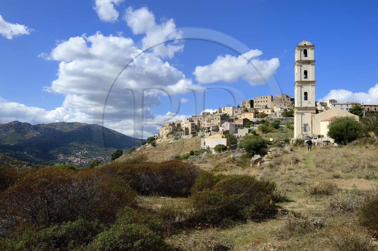 France, Haute-Corse (2B), Balagne, village perché de Sant'Antonino, labellisé Les Plus Beaux Villages de France, vue générale du village avec l'église de l'Annonciation