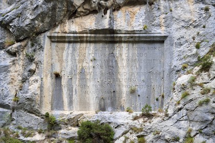 France, Alpes-Maritimes, Roya Valley (Nice hinterland) at the foot of the Mercantour National Park, Saorge, engraved inscription from 1592 commemorating the work undertaken by Charles Emmanuel I of Savoy who built the royal road at the bottom of the Roya Valley